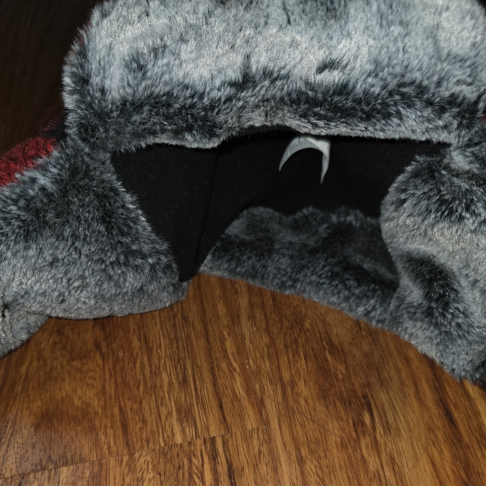 Cozy Faux Fur Hat with Red and Gray Accents